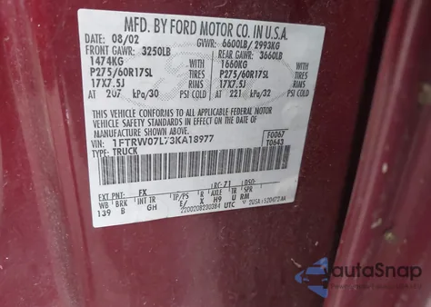 2003 Ford F-150 Lariat/Xlt z USA, uszkodzony, nr VIN 1FTRW07L73KA18977